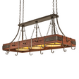 Rustic Steamboat 3-light pot rack chandelier angled view with hooks.
