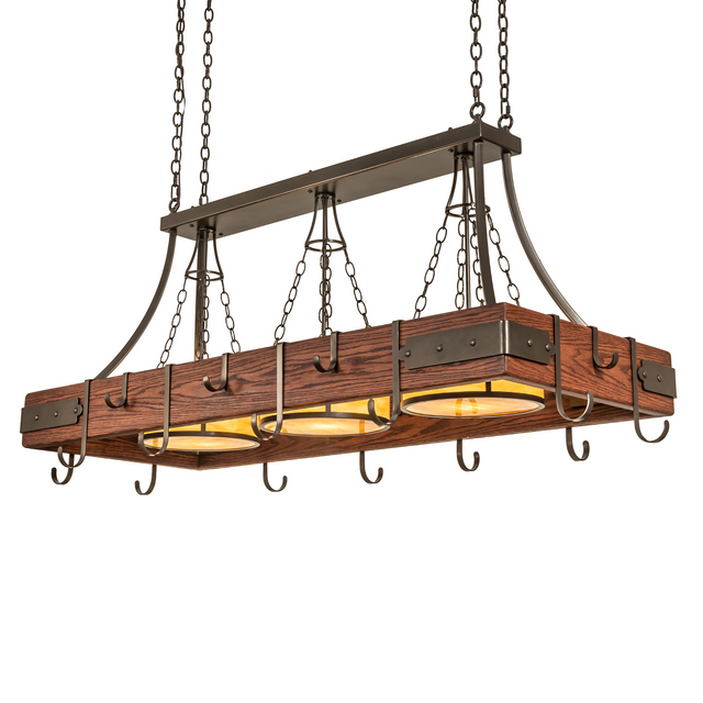 Rustic Steamboat 3-light pot rack chandelier angled view with hooks.