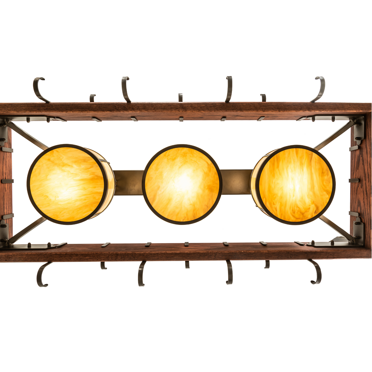 Bottom view of Steamboat 3-light chandelier showing illuminated round diffusers.