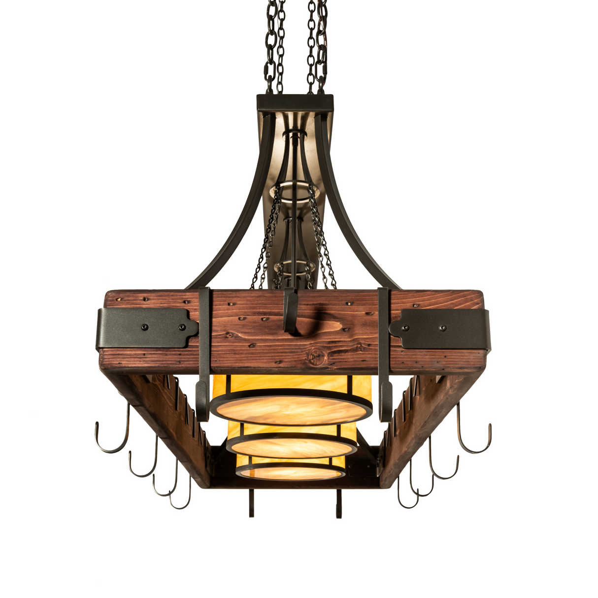 End perspective of Steamboat 3 light chandelier rack.
