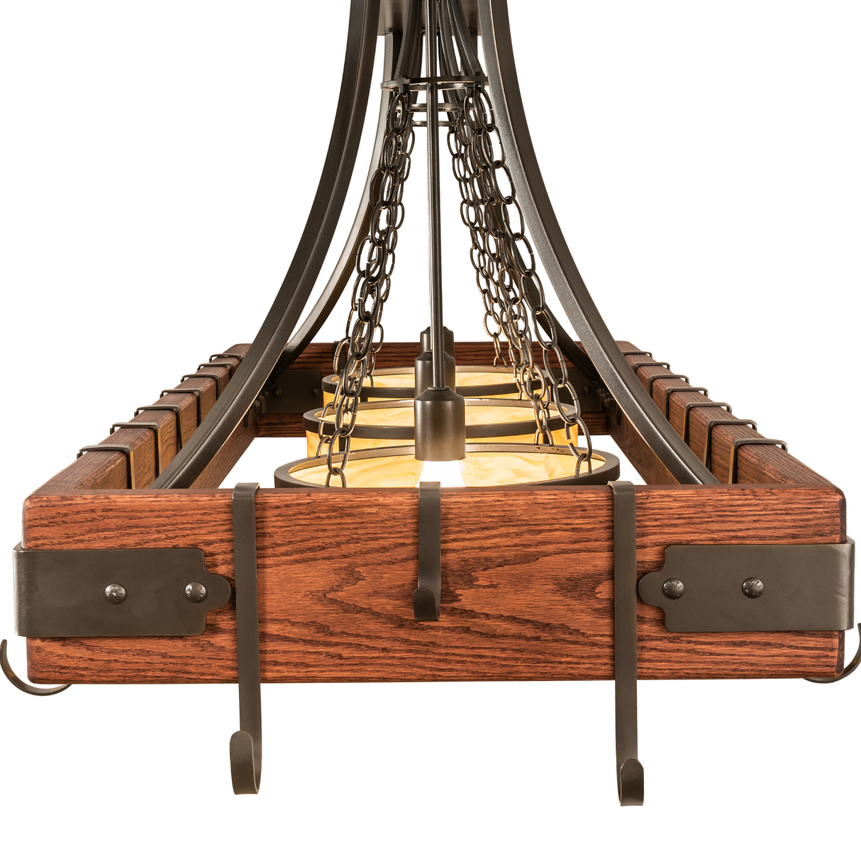 Front view of Steamboat pot rack chandelier with chain support.