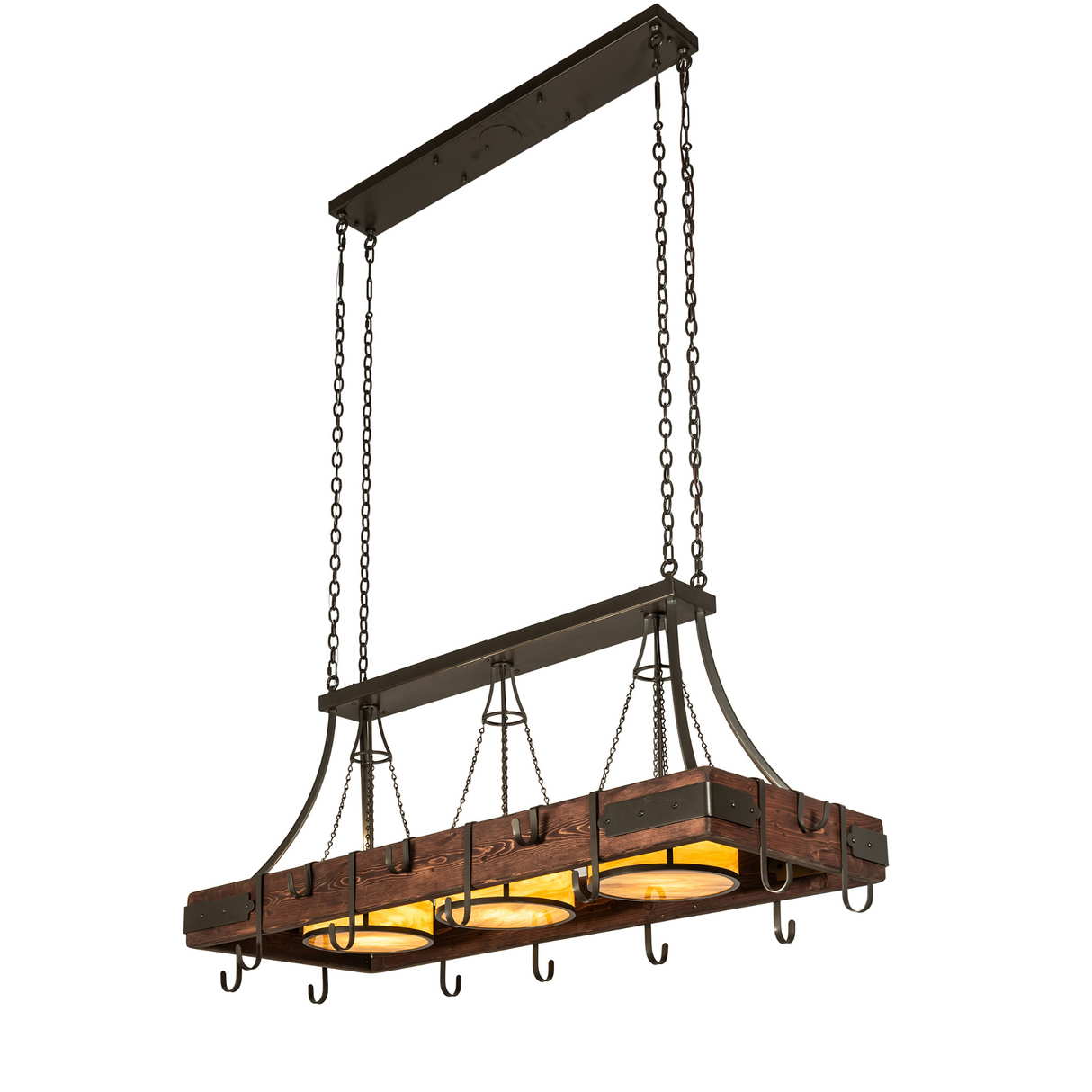 Steamboat 3 Light Pot Rack chandelier suspended with warm illuminated shades.