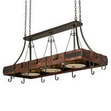 Side angle of Steamboat 3 light pot rack with hooks.