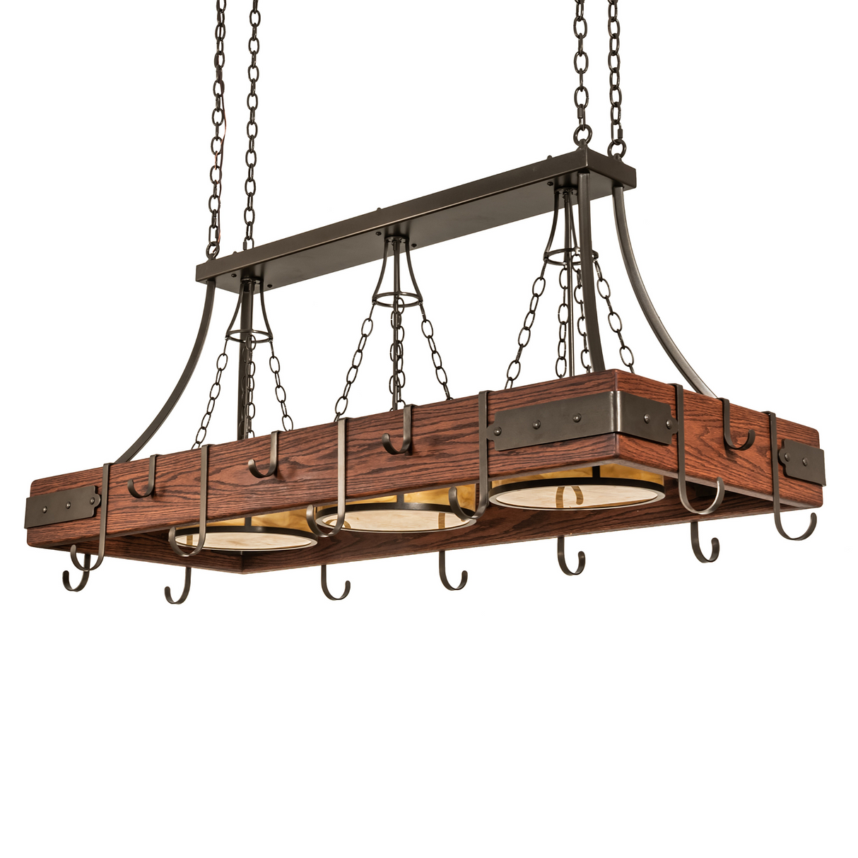 Angled side view of Steamboat 3-light pot rack with hanging hooks.