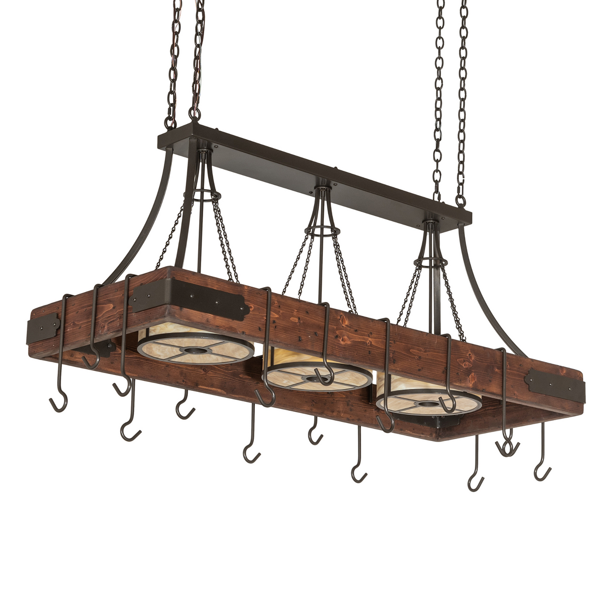 Side angle view highlighting bronze iron arms and wood frame.