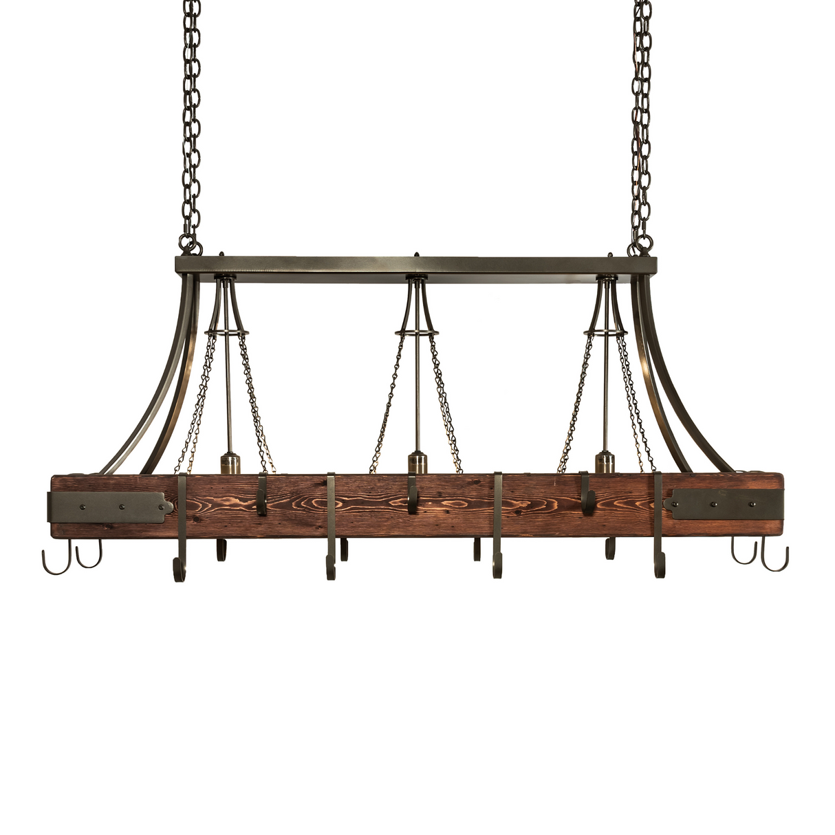 Straight side view of Steamboat 3 light chandelier in walnut finish.