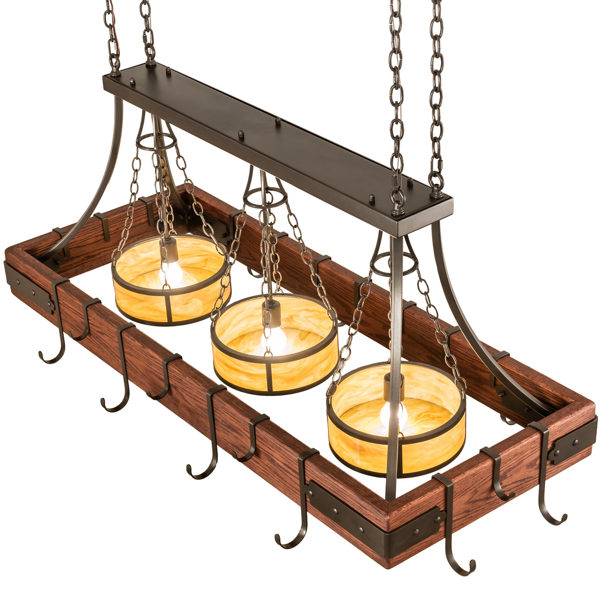 Overhead view of Steamboat chandelier showing three Travertine Idalight shades.