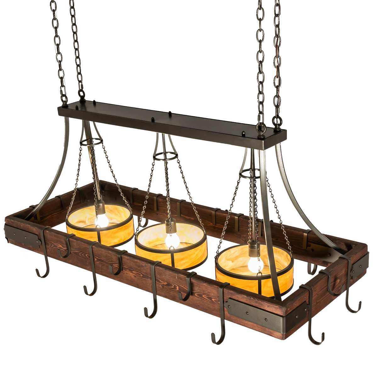 Overhead view of Steamboat chandelier showing downlights and hooks.