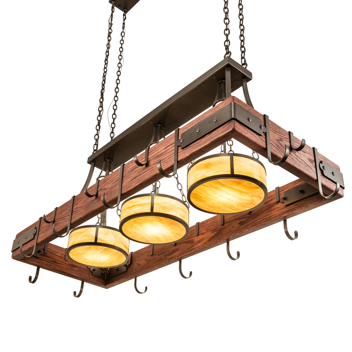 Upward angle of Steamboat chandelier with warm glowing downlights.