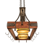 Vertical perspective of Steamboat chandelier highlighting hooks and lights.