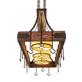 Bottom view of Steamboat pot rack chandelier with glowing Idalight shades.