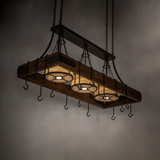 Side-lit room view of Steamboat pot rack chandelier.
