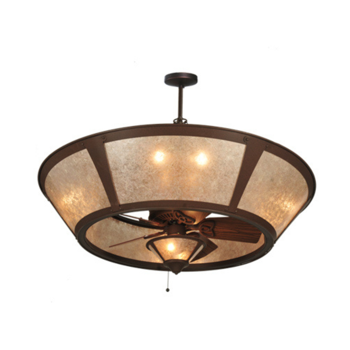 Angled bottom view featuring wood fan blades and mica diffuser.