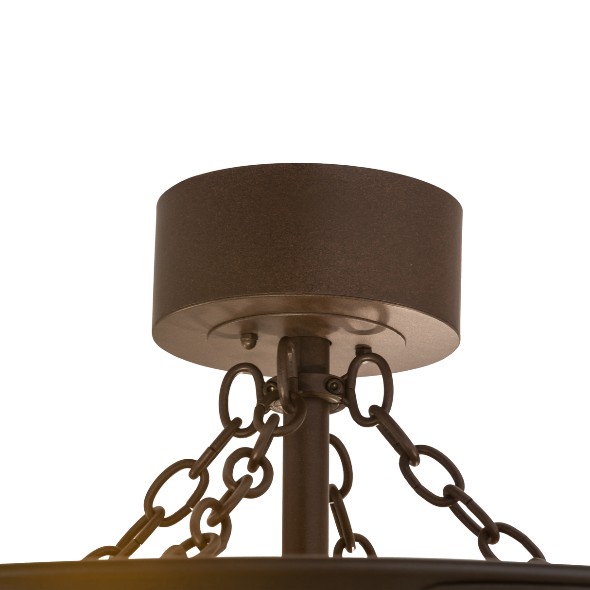Ceiling canopy detail with bronze chains and sturdy metal mount.