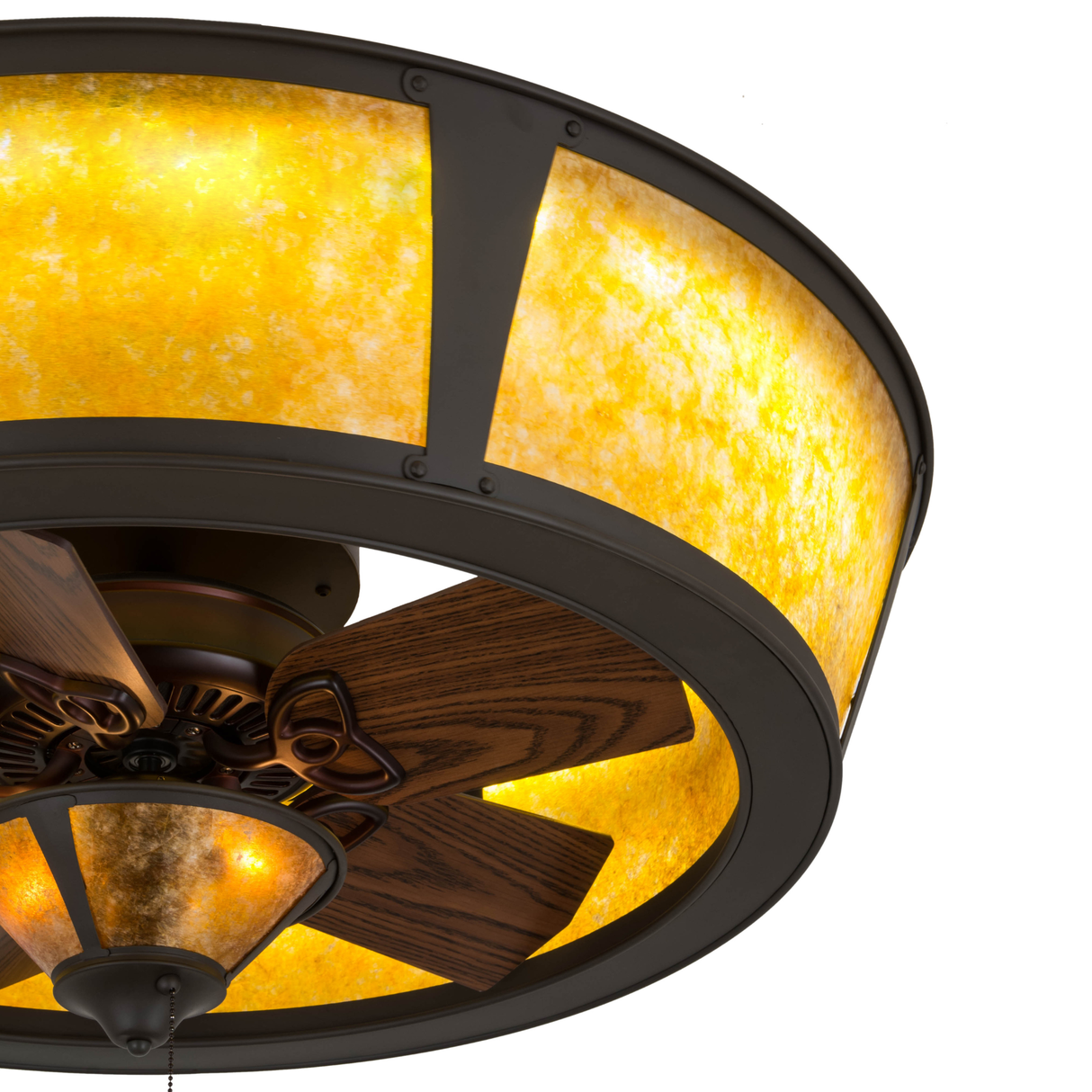 Closeup angled lit view showing amber mica panels and wood fan blades.