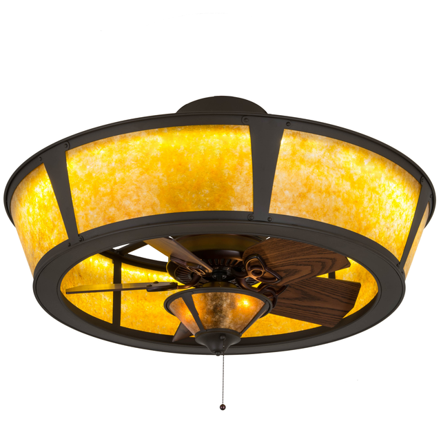 Front angled lit view showing amber mica diffuser and fan light glow.