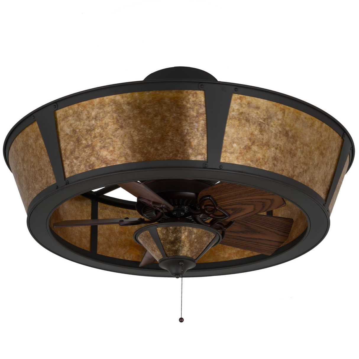 Front angled unlit view highlighting mica panels and bronze hardware.