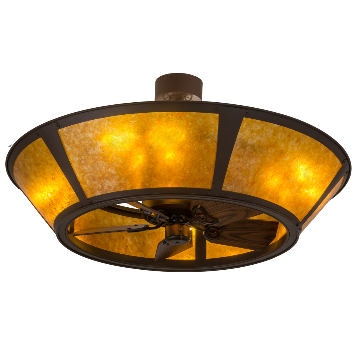 Bottom angle showing fan blades beneath illuminated amber diffuser.