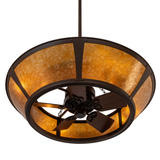 Bottom angled lit view showing integrated fan beneath amber shade.
