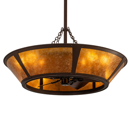 Amber Mica chandel-air with fan in warm lit front view.