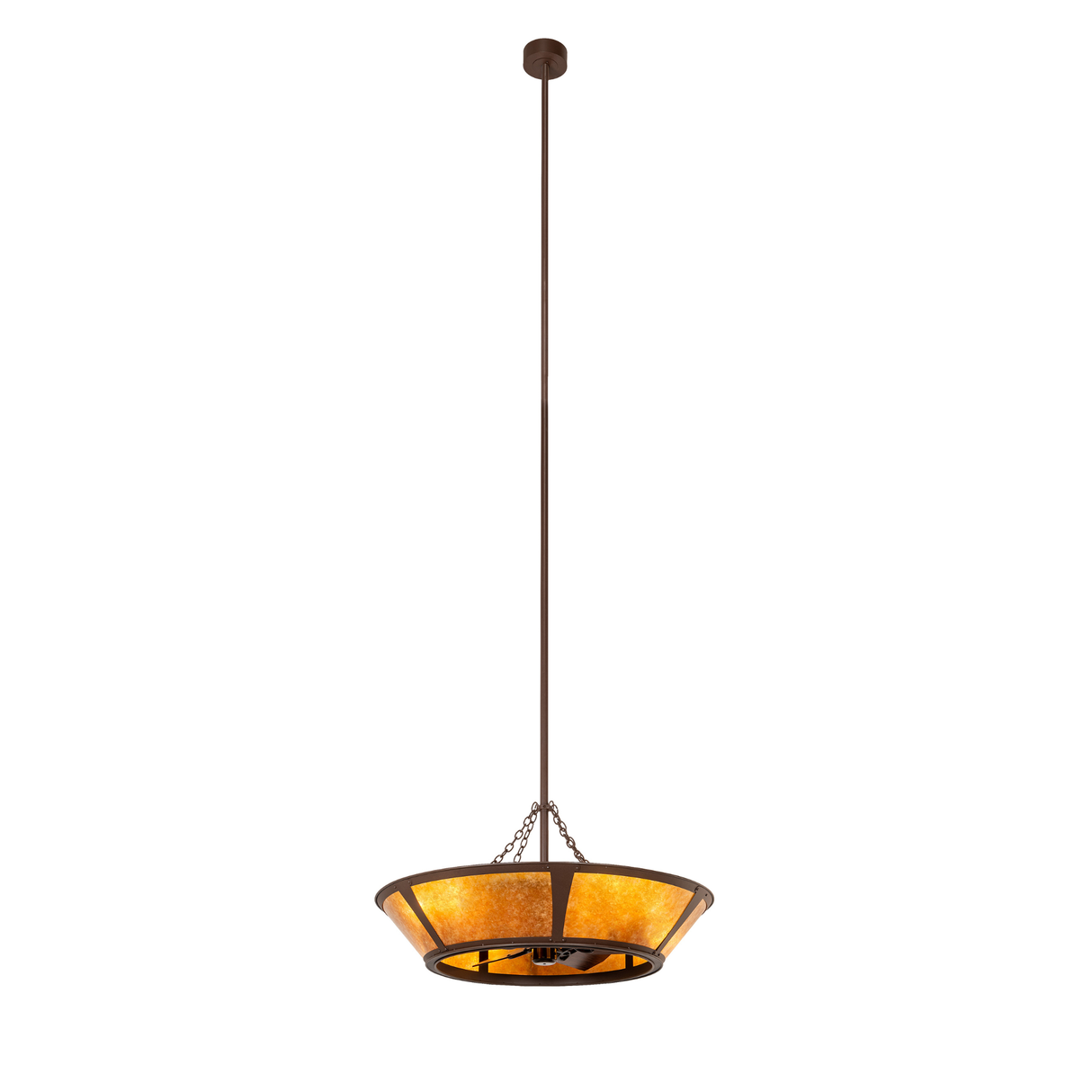 Full hanging view of lit Sutter Chandel-Air with amber mica shade.