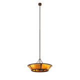 Full hanging view of lit Sutter Chandel-Air with amber mica shade.