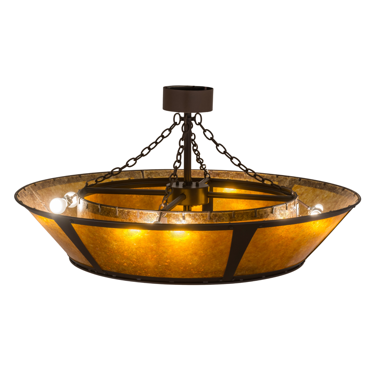 Top angled view showing warm amber glow and chain suspension.
