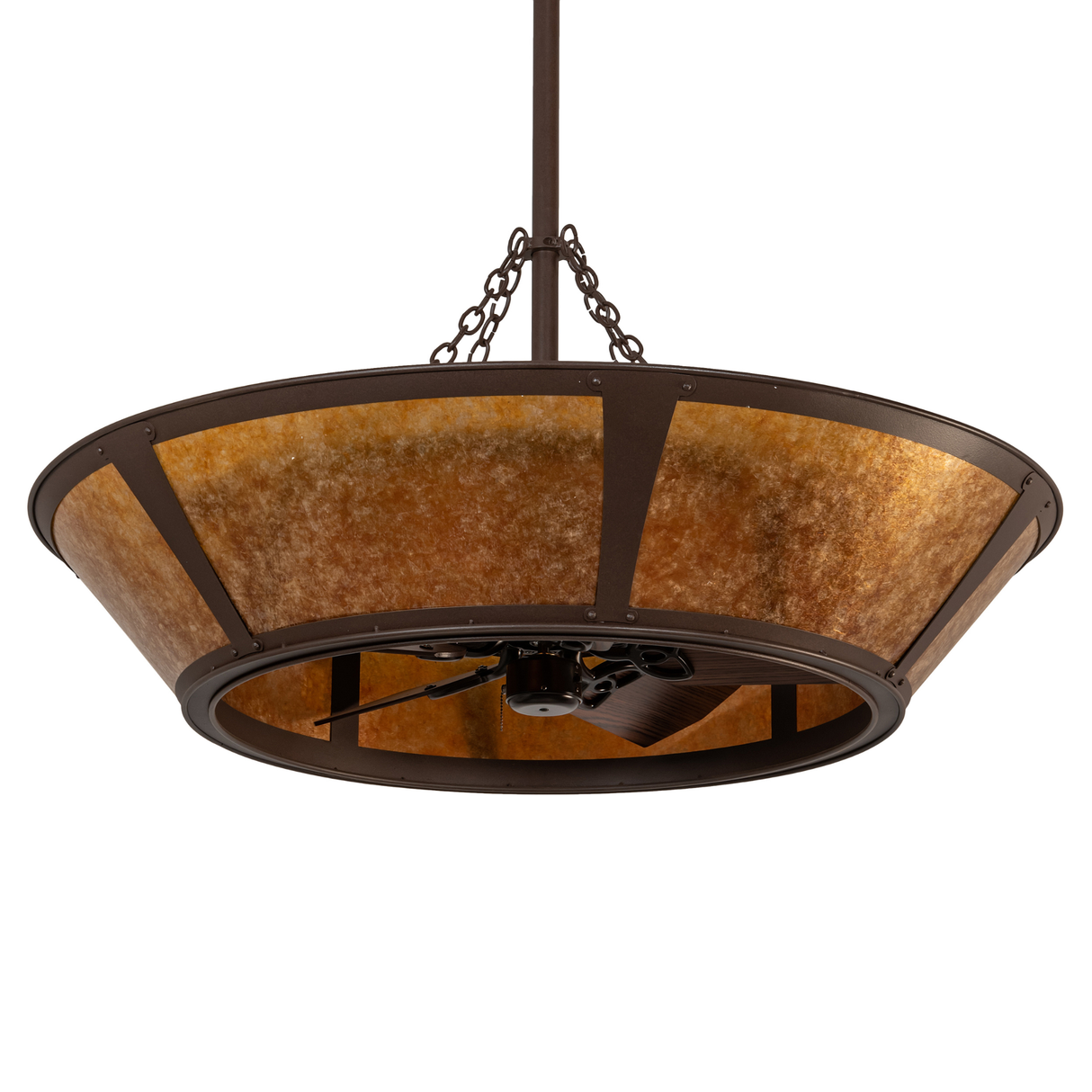 Unlit angled view highlighting amber mica and copper finish.