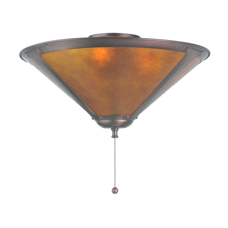 Lit view of Sutter Flushmount with Amber Mica panels and Mahogany Bronze finish.