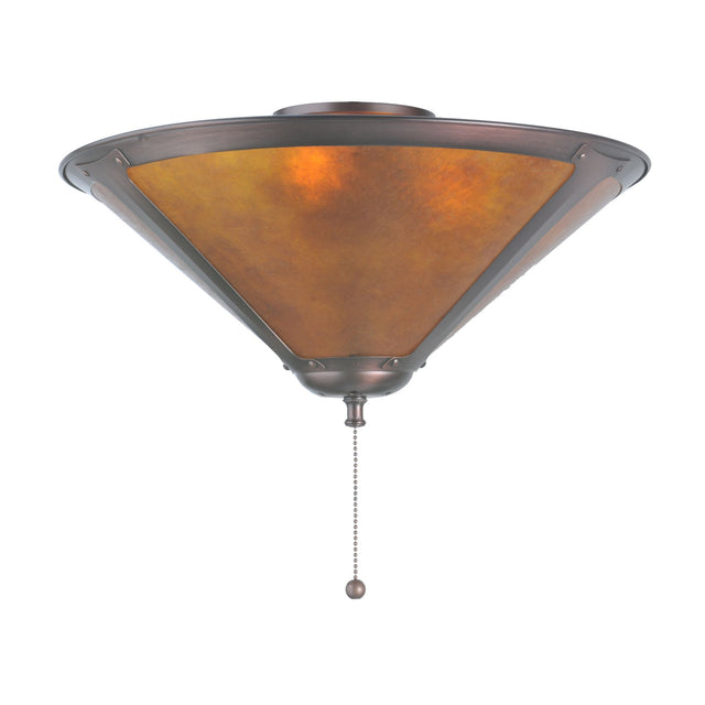 Lit view of Sutter Flushmount with Amber Mica panels and Mahogany Bronze finish.