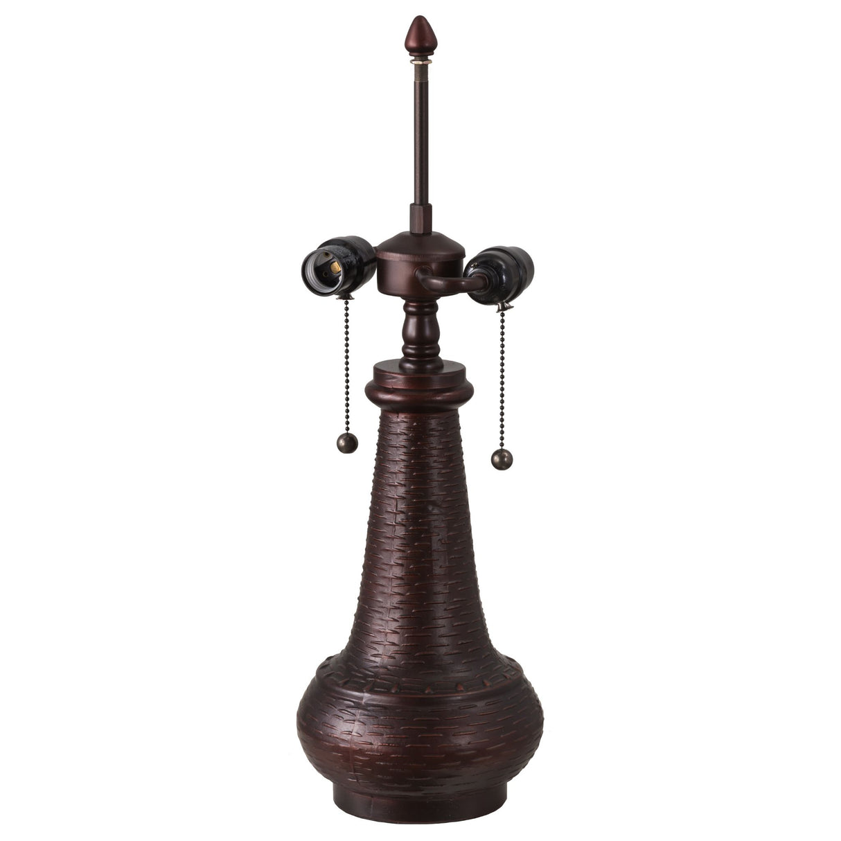 Close-up of the dark brown Sutter table lamp base with two light fixtures.