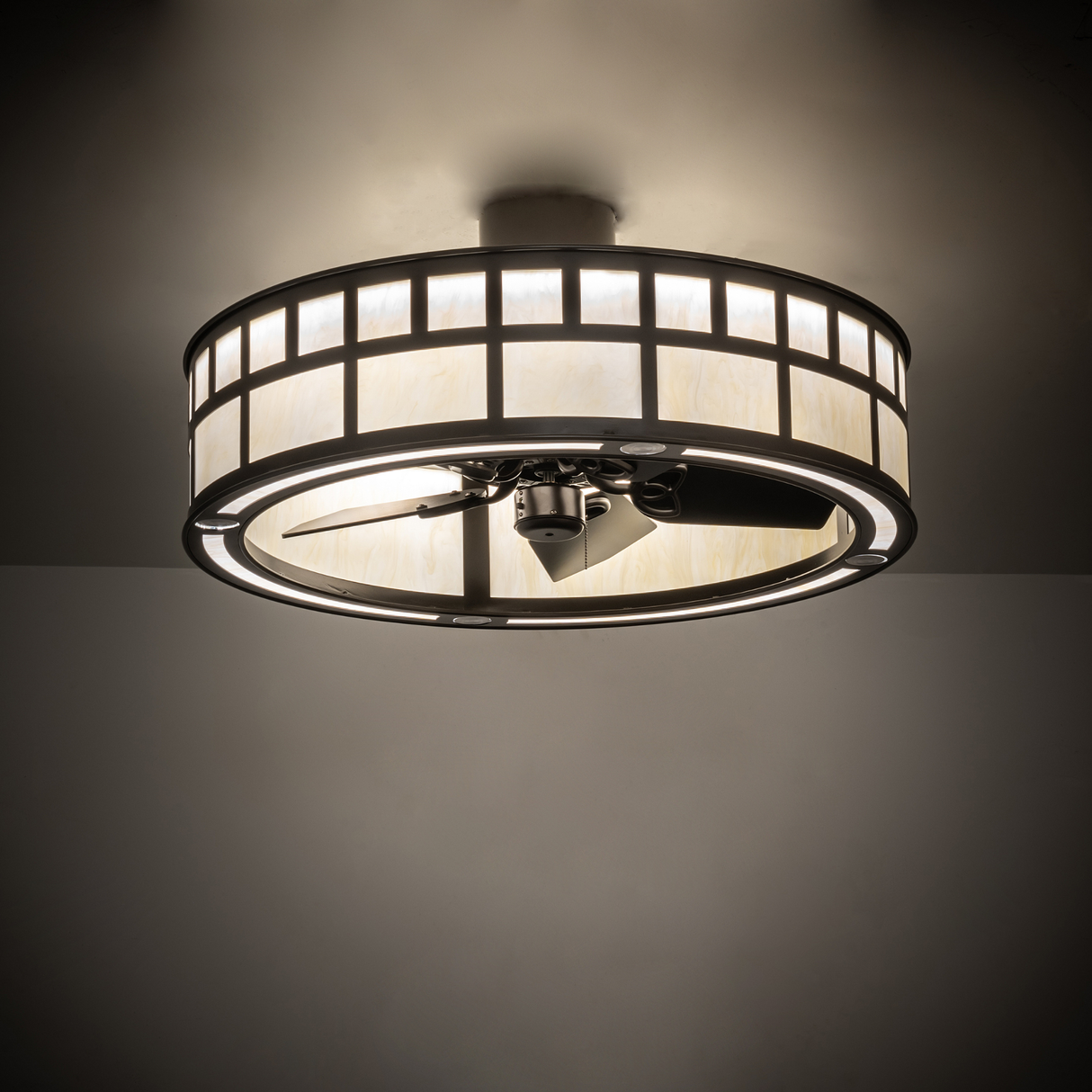 T Mission Chandel-Air glowing warmly in ambient room lighting.