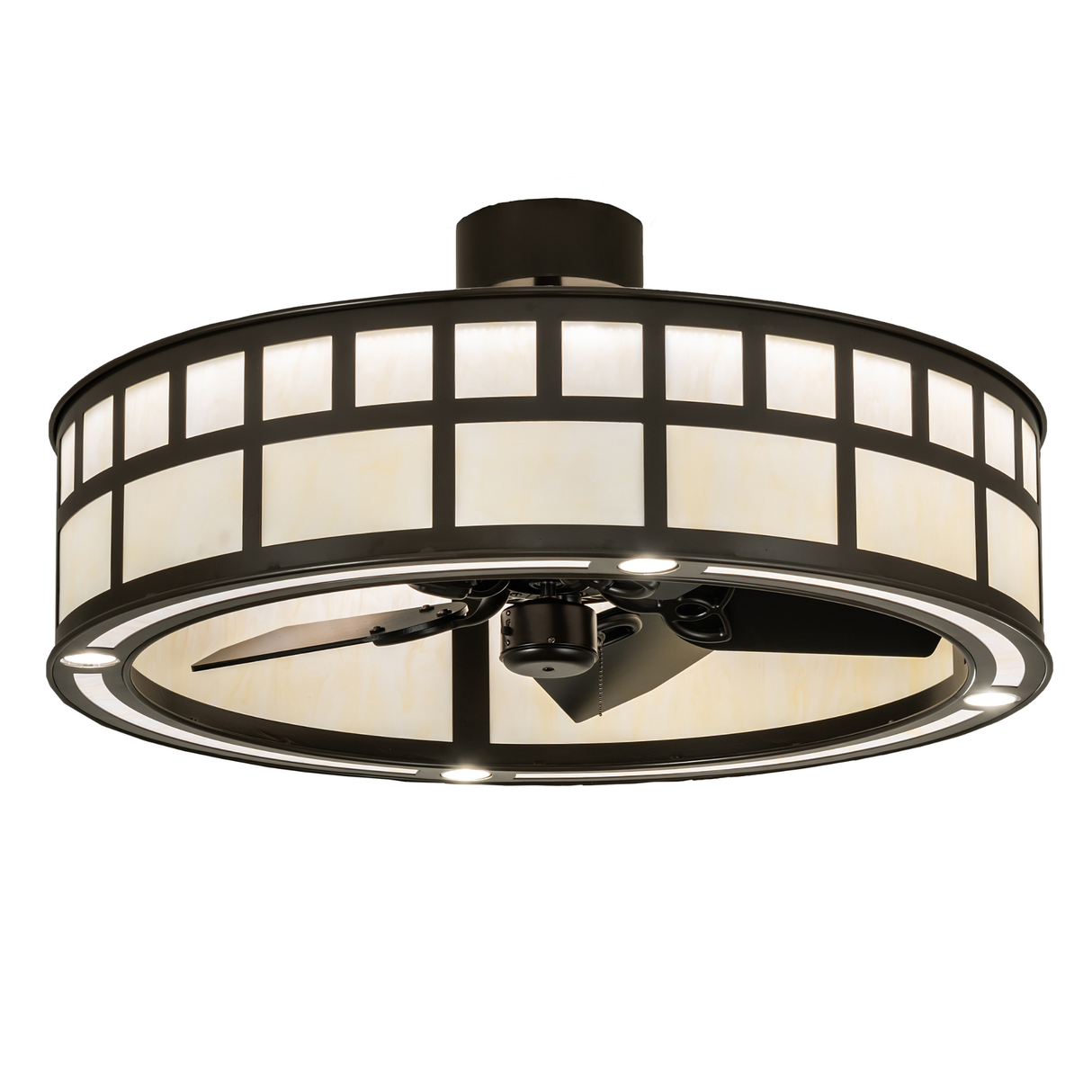 Angled lit view of T Mission Chandel-Air with glowing Botticino Idalight shade.