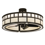 Angled lit view of T Mission Chandel-Air with glowing Botticino Idalight shade.