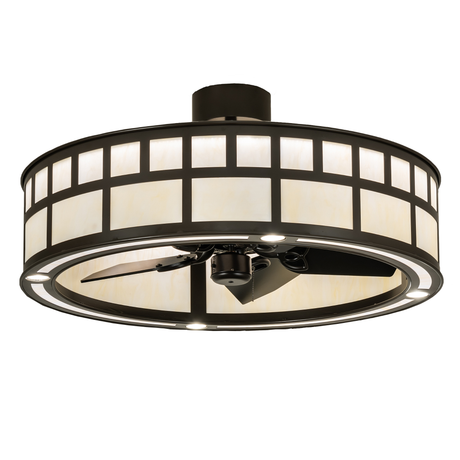 Angled lit view of T Mission Chandel-Air with glowing Botticino Idalight shade.