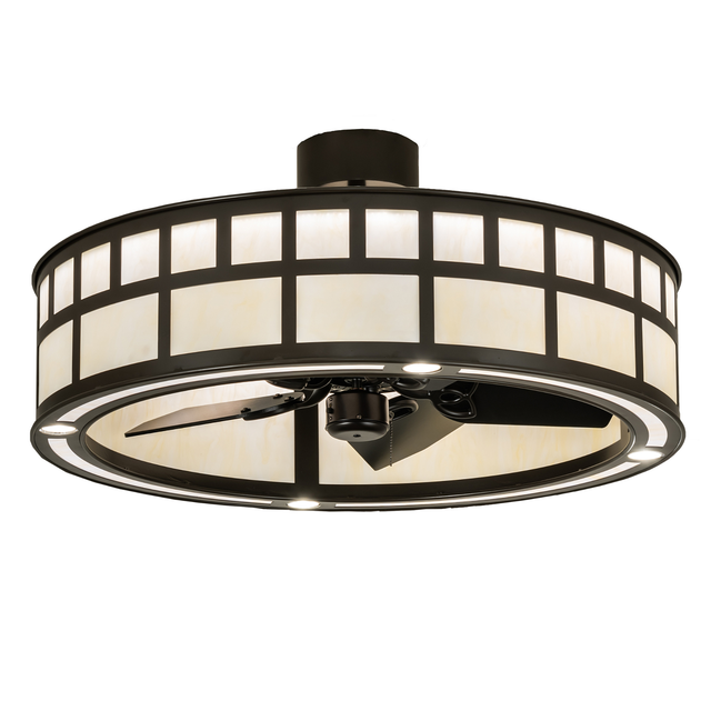 Angled lit view of T Mission Chandel-Air with glowing Botticino Idalight shade.