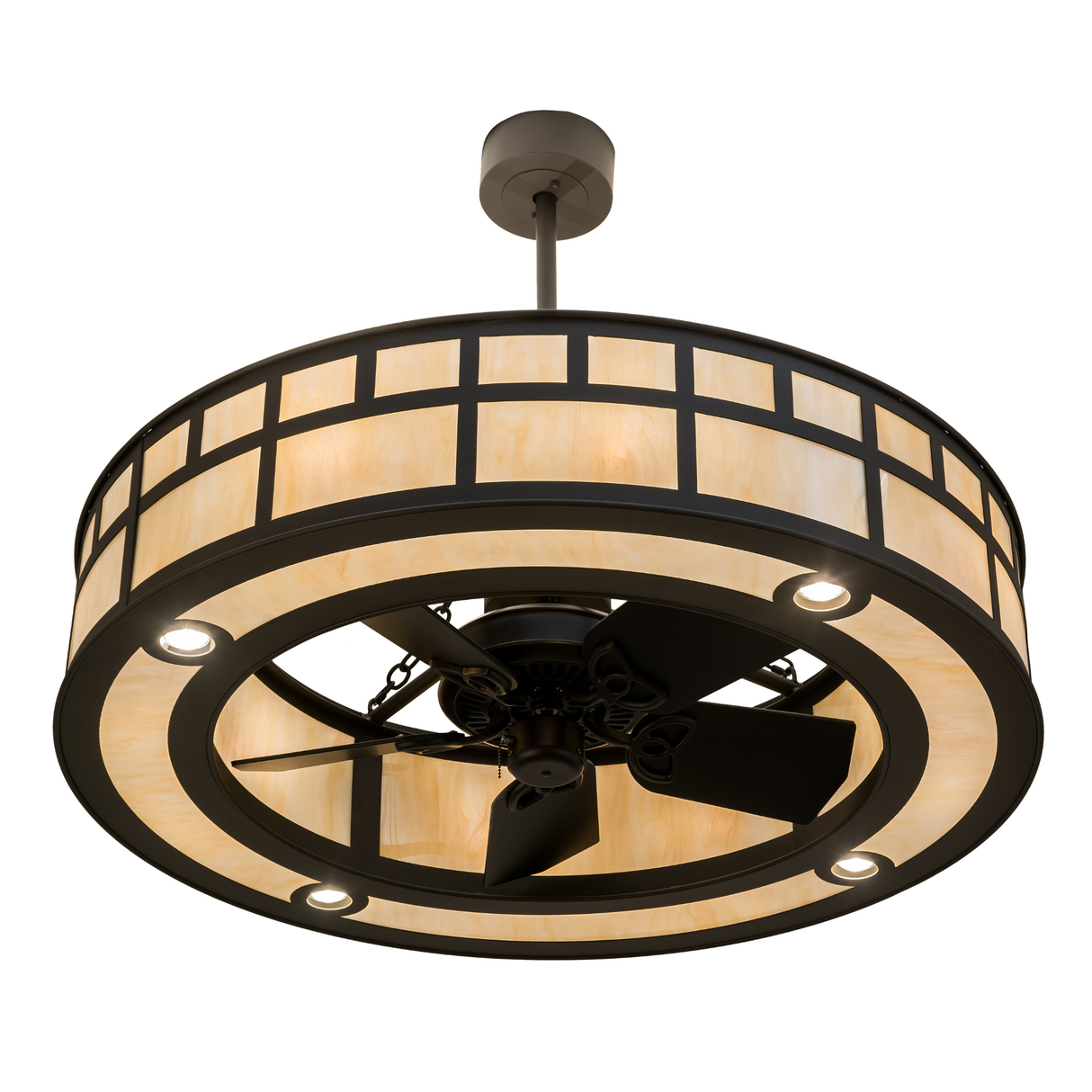 Bottom angled lit view highlighting fan blades and light ring.
