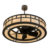 Bottom angled lit view highlighting fan blades and light ring.