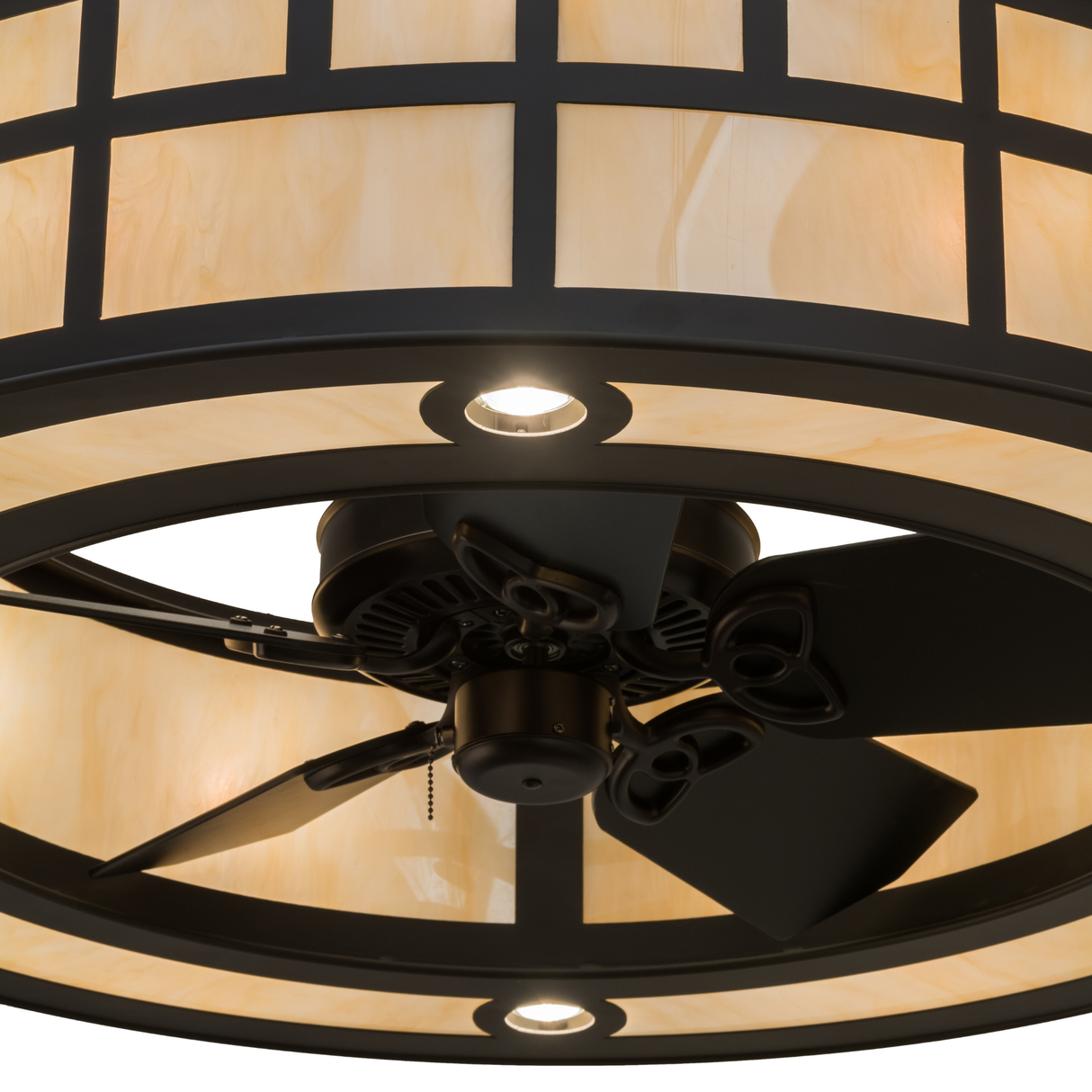 Bottom lit view showing centered fan and glowing inner ring.
