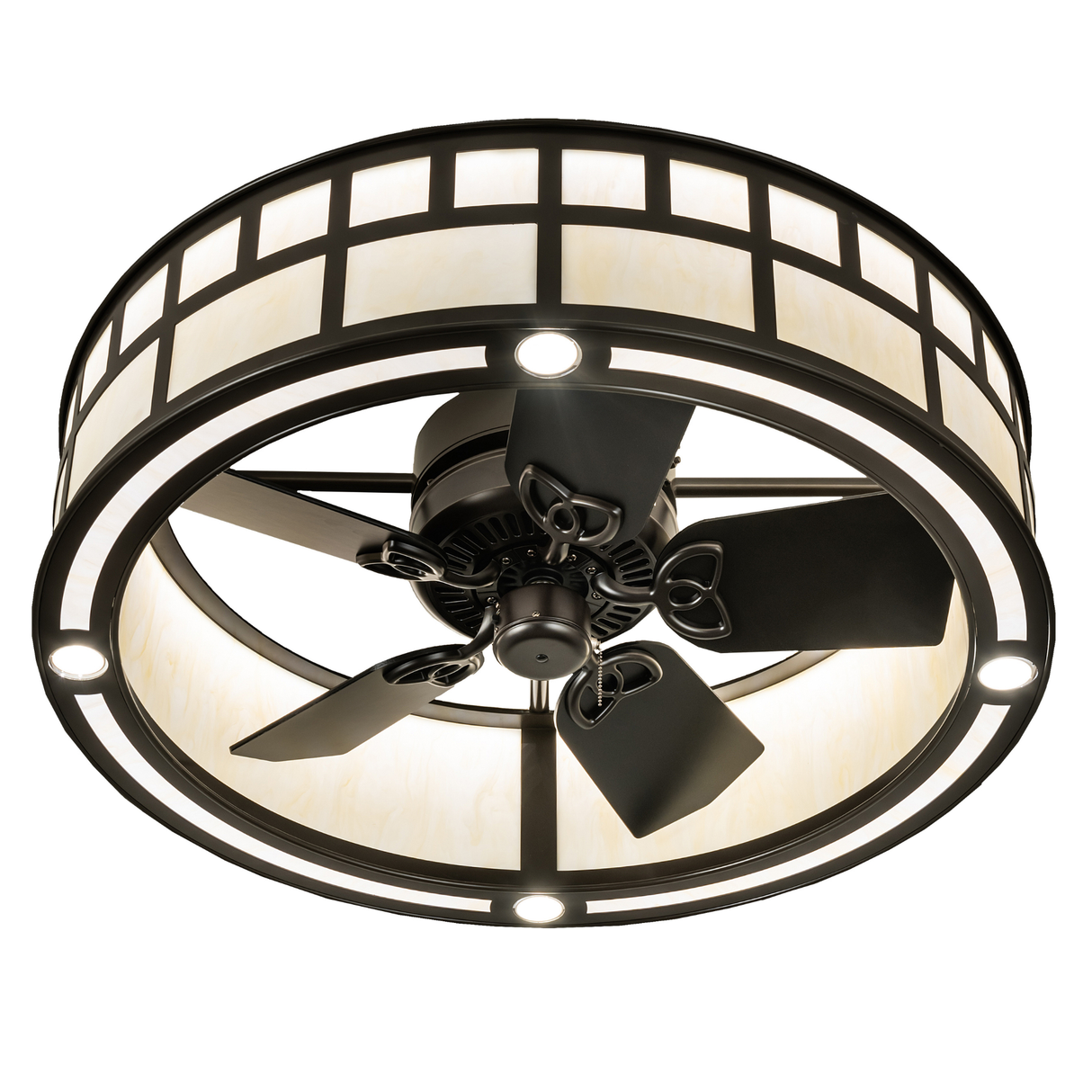 Bottom view of T Mission Chandel-Air showing illuminated LED downlights and fan blades.