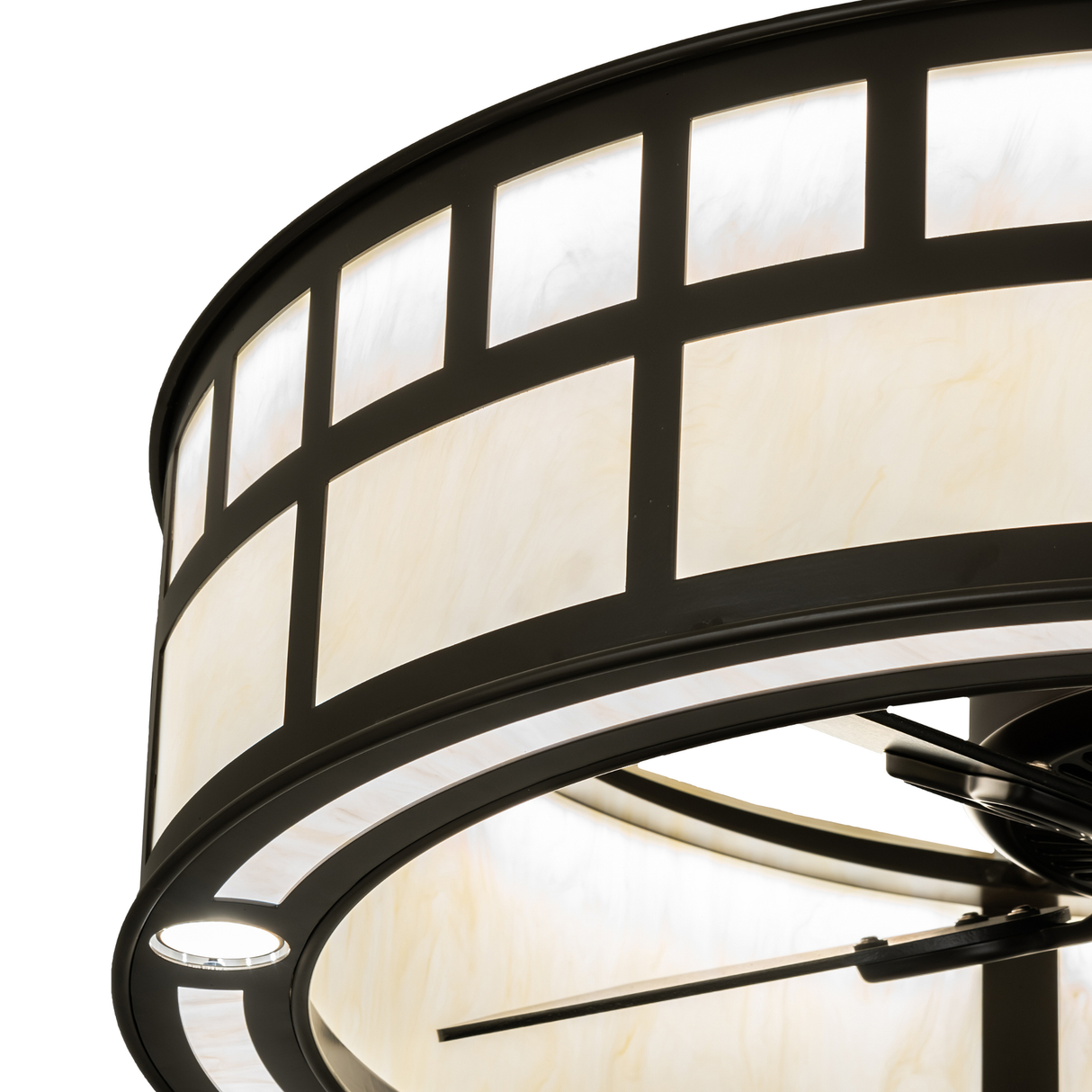 Close-up of T Mission Chandel-Air diffuser showing soft amber glass glow.