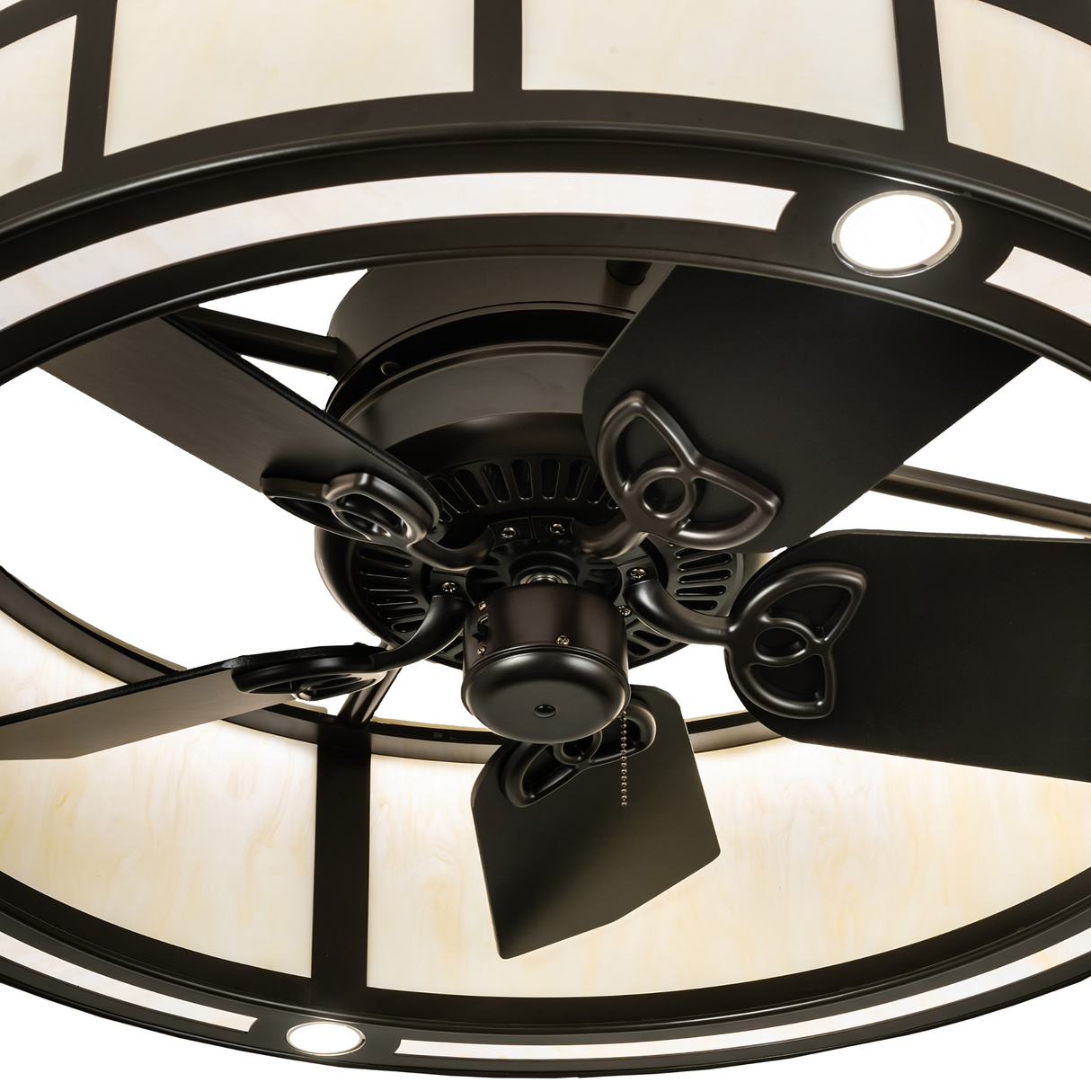 Angled bottom lit view of T Mission Chandel-Air highlighting fan and lights.
