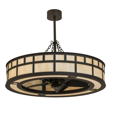 Front angled unlit view showing bronze framework and geometric panels.