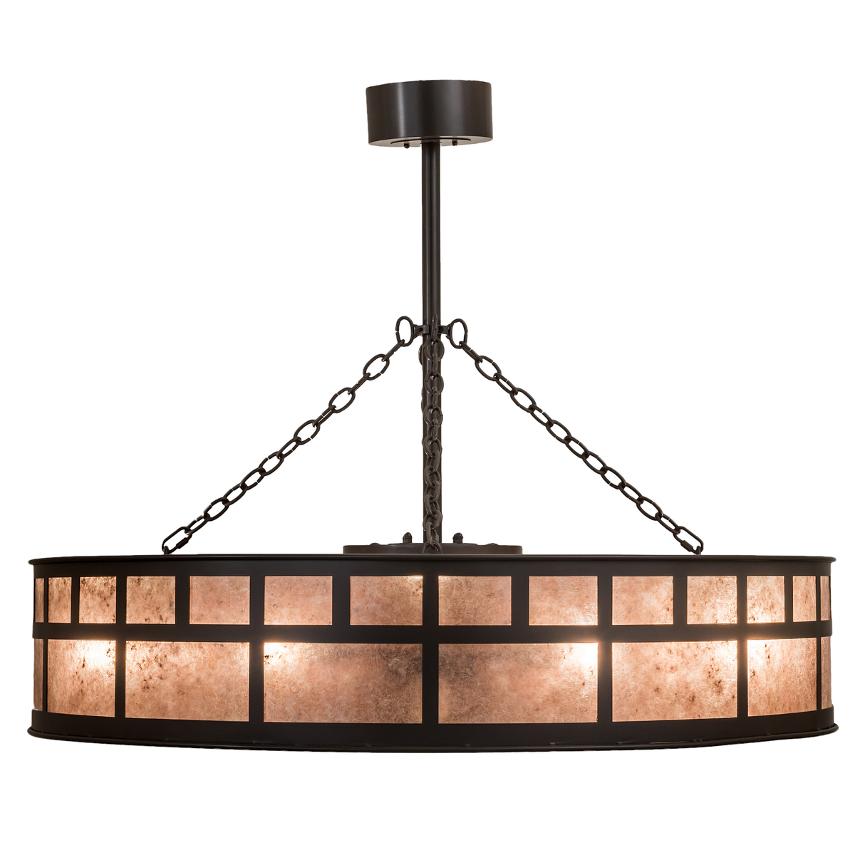 Side view of lit “T” Mission Chandel-Air with Silver Mica diffuser panels.