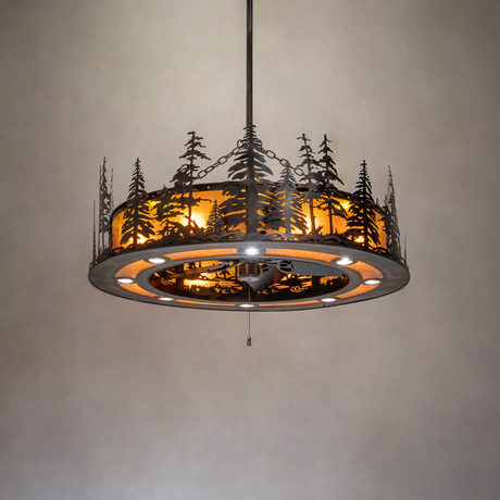 Tall Pines Chandel-Air illuminated in a rustic room setting with soft amber light.