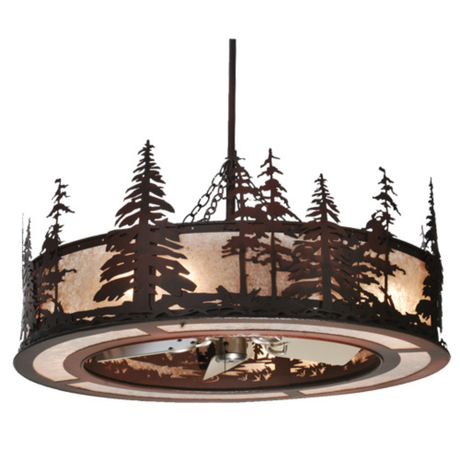 Angled front view showing pine tree silhouettes and rustic metalwork.