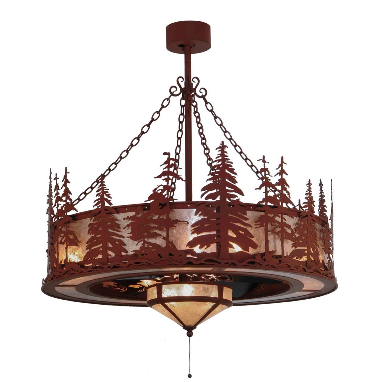 Angled view of Tall Pines Chandel-Air glowing through pine tree design..