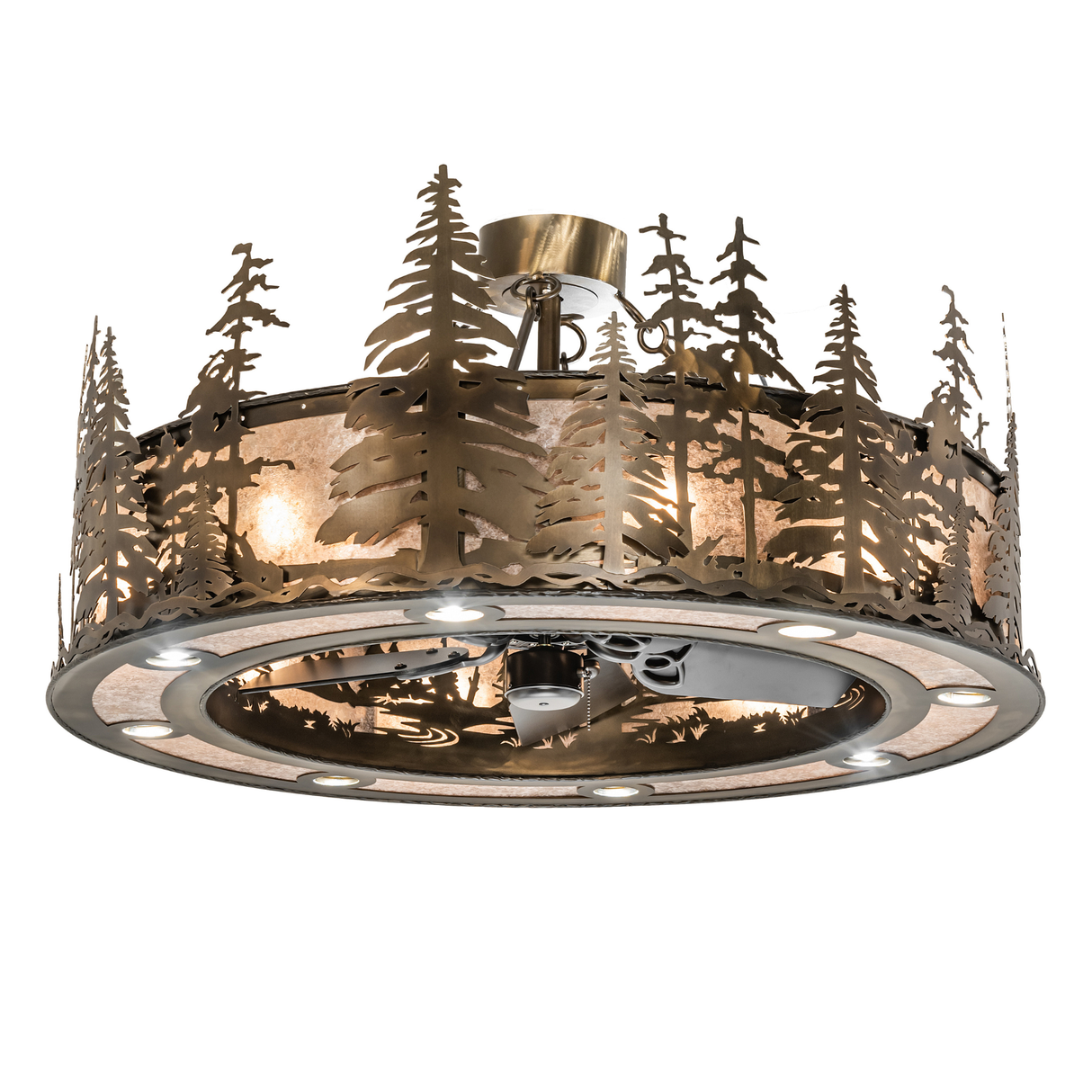 Angled view of Tall Pines Chandel-Air with glowing mica diffuser and pine accents.