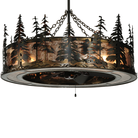 Angled view highlighting pine tree cutouts and mica diffuser glow.