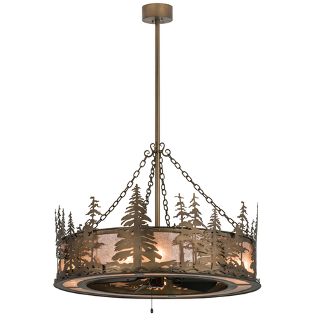 Angled view of Tall Pines Chandel-Air with glowing mica panels and forest design.